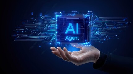 3D illustration of a glowing holographic interface displaying "AI agent" text in vibrant blue tones, floating above a futuristic digital background with circular patterns and dynamic motion lines. Abs