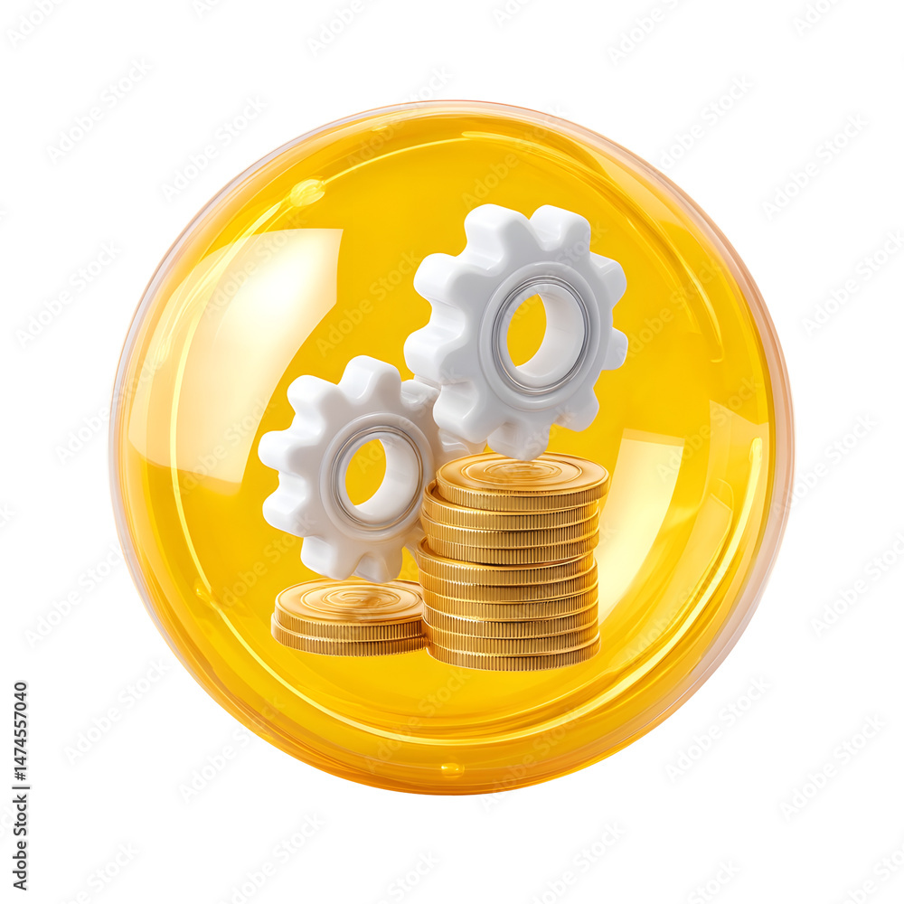 Poster a 3d rendered yellow sphere containing a white gear and coin icon representing the synergy between f