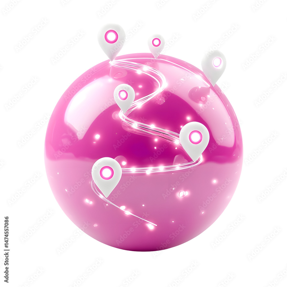 Aufkleber A vibrant futuristic 3D sphere in a clean minimalist style featuring a glowing white path planning icon with interconnected location markers symbolizing digital navigation data analytics