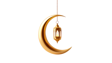 Golden crescent moon with lantern hanging in a serene design