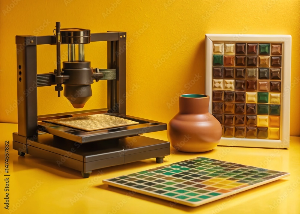 Poster minimalist 3d printer creates custom tiles in modern lab