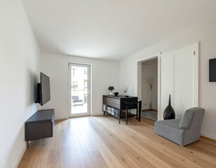 Modern Minimalist Living Room with Wooden Floor and Large Window