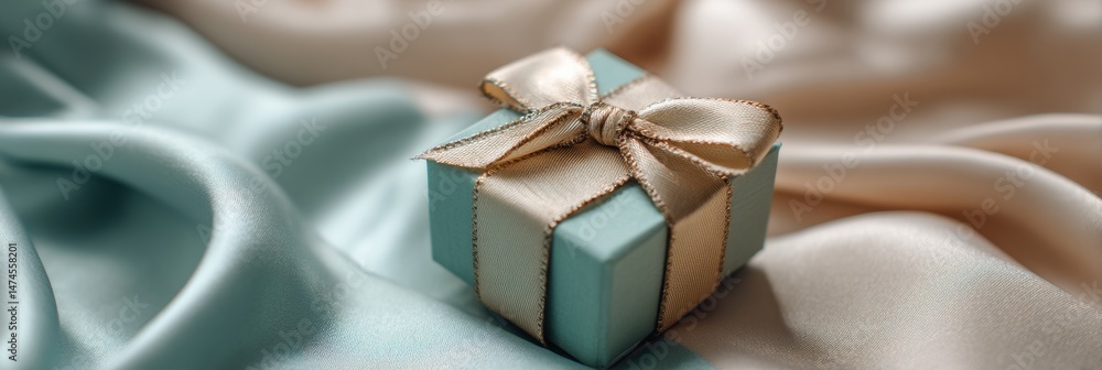 Poster delicate small present wrapped in ribbon resting on soft satin cloth basking in gentle pastel light
