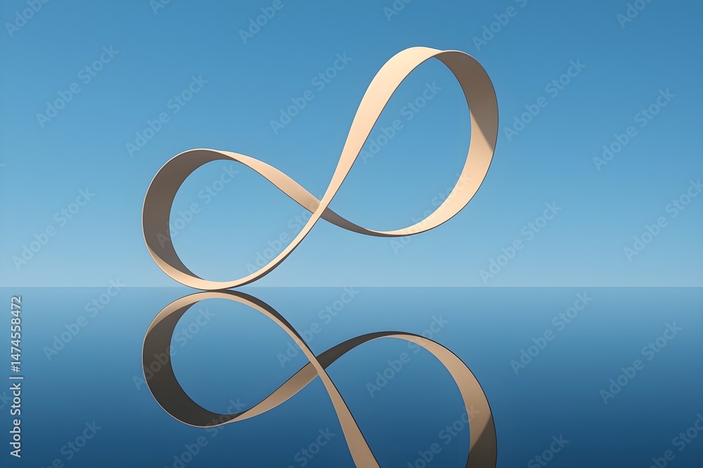 Poster a 3d rendered image of a beige infinity symbol floating above its reflection on a blue surface, evok