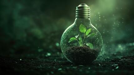 a green light bulb with a plant inside of it, green energy, environmental light