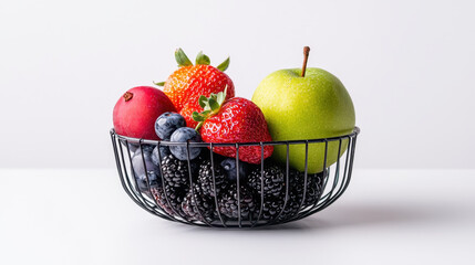Vibrant wire fruit basket filled with colorful berries, strawberries, and green apple creates fresh and inviting display
