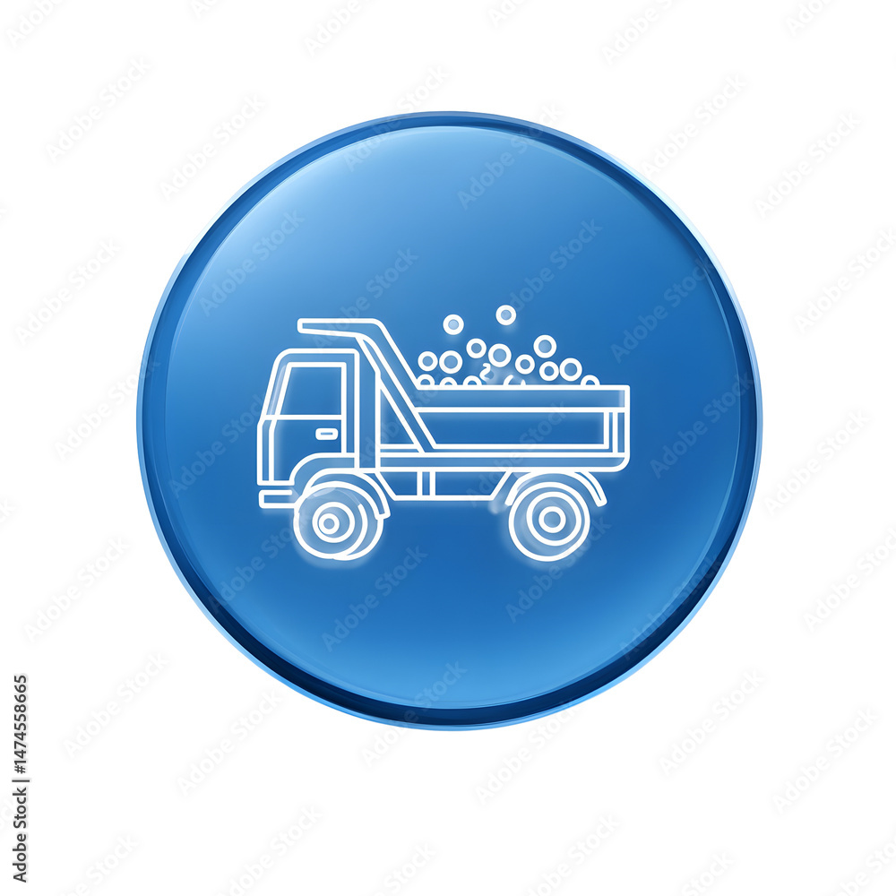 Poster minimalist digital icon on a blue circular background representing a dump truck with its cargo bed r