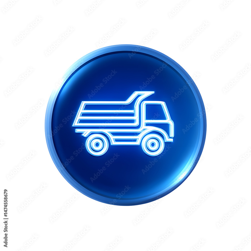 Poster blue circular design element with a simple glowing white icon of a dump truck with a raised cargo be