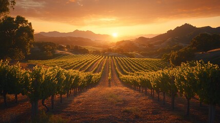 Naklejka premium Stunning vineyard landscape at golden sunset