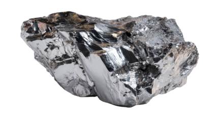 This shiny silver mineral features sharp edges and reflective surfaces
