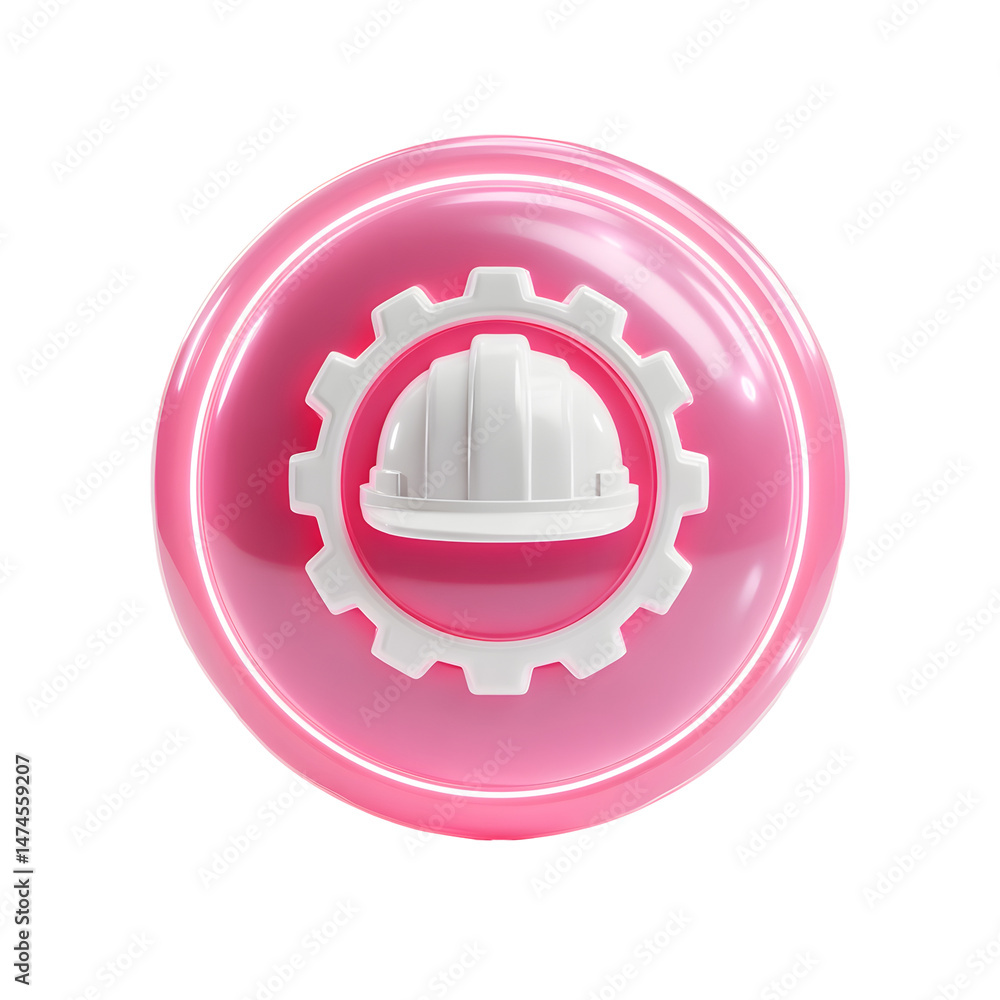 Aufkleber glowing pink circular icon featuring a white construction helmet combined with mechanical gear teeth