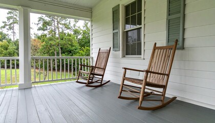 Peaceful Front Porch with Wooden Rocking Chairs and Greenery View