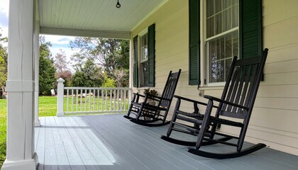 Cozy Porch with Rocking Chairs in a Tranquil Outdoor Setting