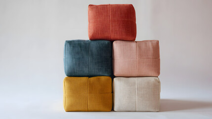 Stack of Pillows: A stack of four vibrant, plush pillows in a variety of colors, providing a simple yet elegant interior design accent.  