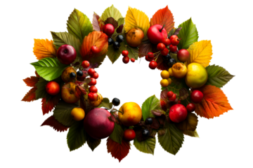 Colorful autumn fruit and leaf wreath decoration design idea