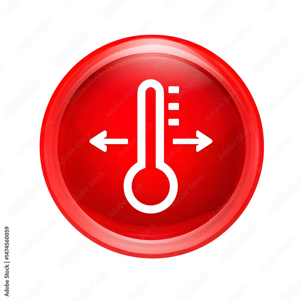 Poster minimalist red circular icon with glowing white thermometer symbol and dual direction arrows against