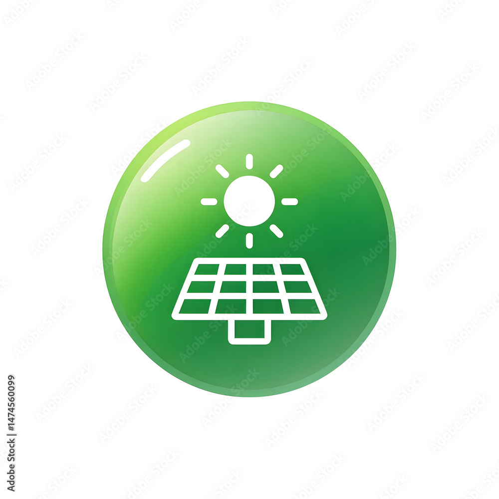 Poster minimalist glowing green circular icon with a solar panel symbol and sun rays representing clean ren
