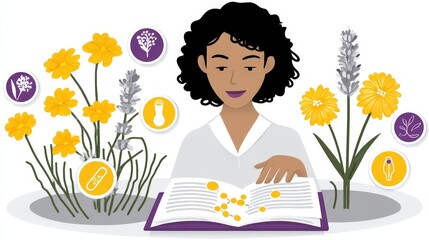 Woman Engaged in Botanical Study Surrounded by Colorful Flowers and Scientific Symbols