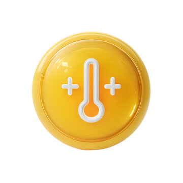 Minimalist yellow digital thermometer icon with white increase and decrease symbols on a white background