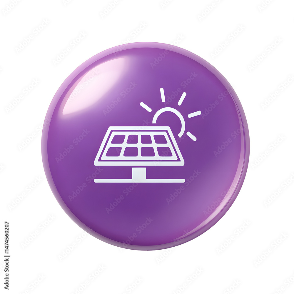 Poster circular icon with a white graphic depicting a photovoltaic panel receiving sunlight representing re