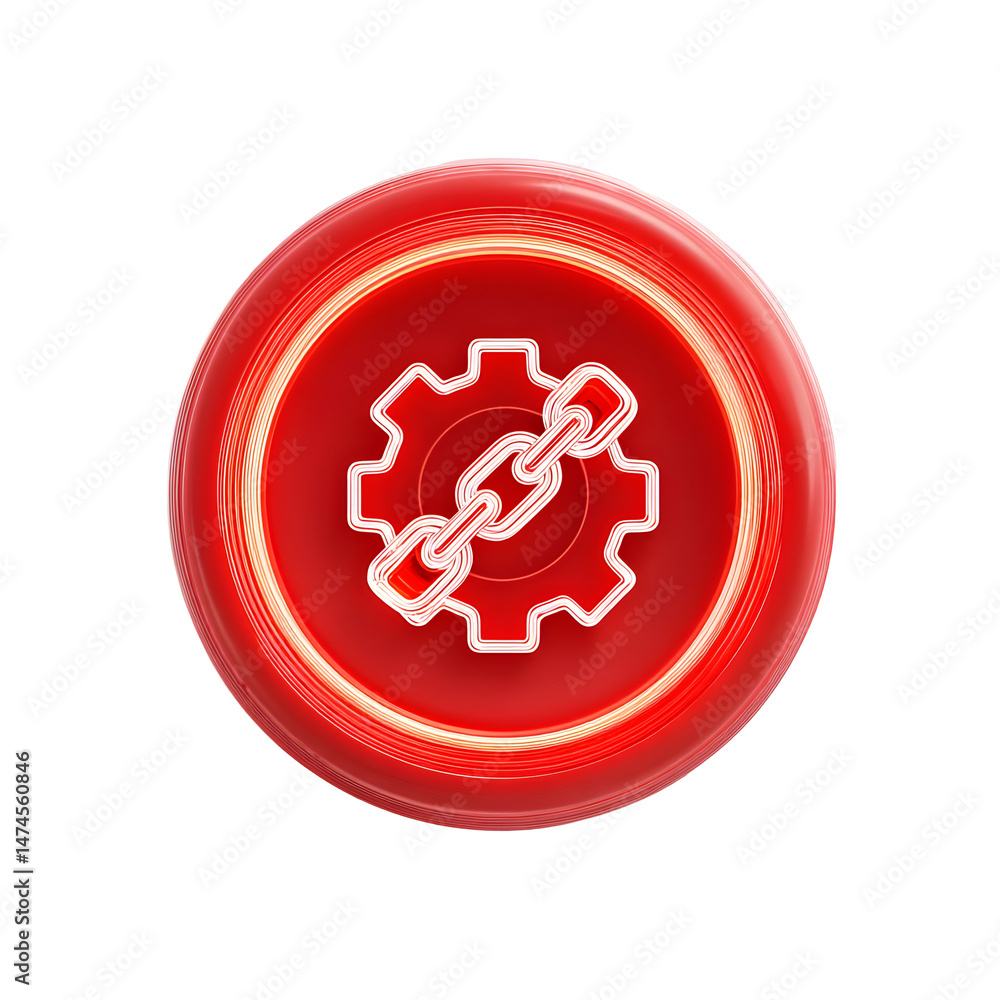 Leinwandbilder Glowing red circular button with a white gear and chain icon representing a strong connection within a modern technological system or industrial process