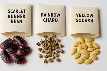 Heirloom vegetable seeds spilling from seed packets on a white background, ready for planting
