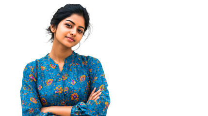Woman in blue floral outfit, confidently posed with transparency