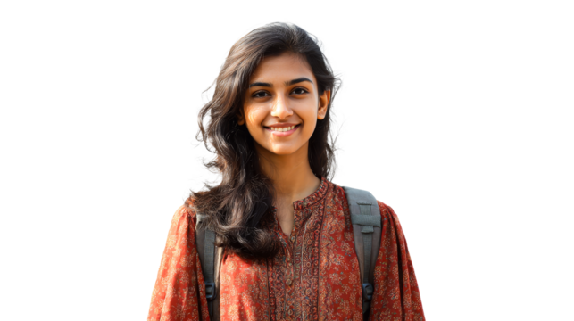 Young woman smiling with a backpack on a transparent background