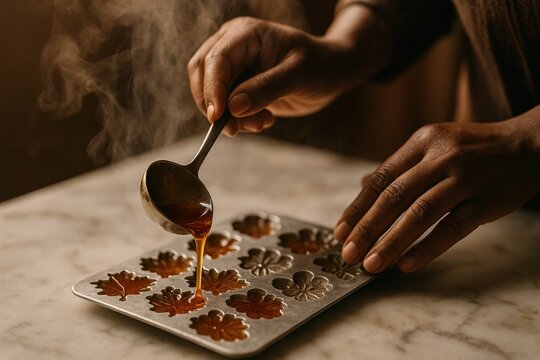 Confectioner pouring hot maple syrup into maple leaf shaped mold creating artisanal candy