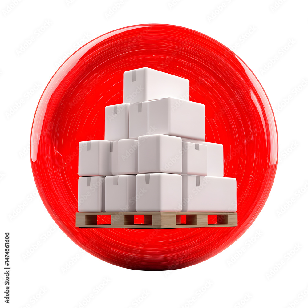 Aufkleber a red circular bubble showcasing a minimalist design of glowing white stacked shipping boxes arrange