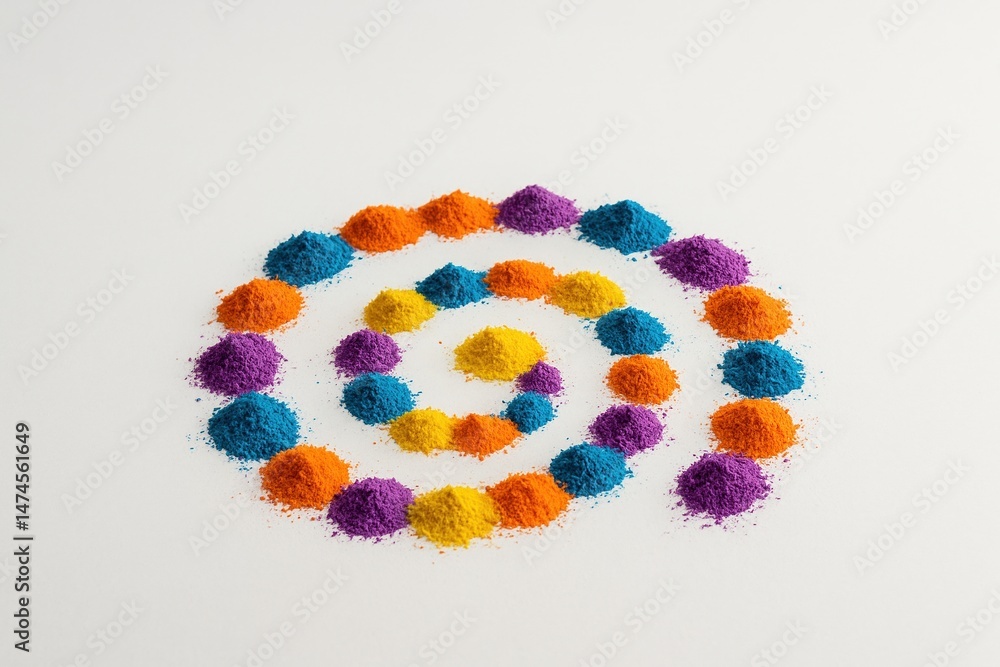 Poster vibrant holi powder arranged in a spiral shape, creating a colorful pattern on a white background