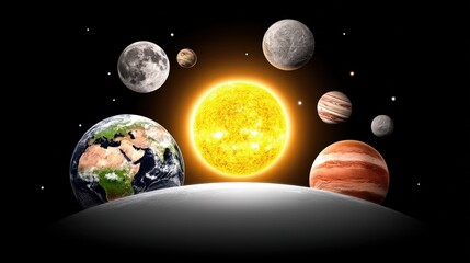 Naklejka premium Solar System with Planets and Earth Surrounded by Stars and Bright Sun in Space