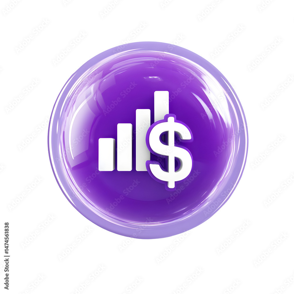 Poster Minimalist transparent bubble with a white glowing icon featuring a business graph and money symbol representing financial data investment analytics and economic growth