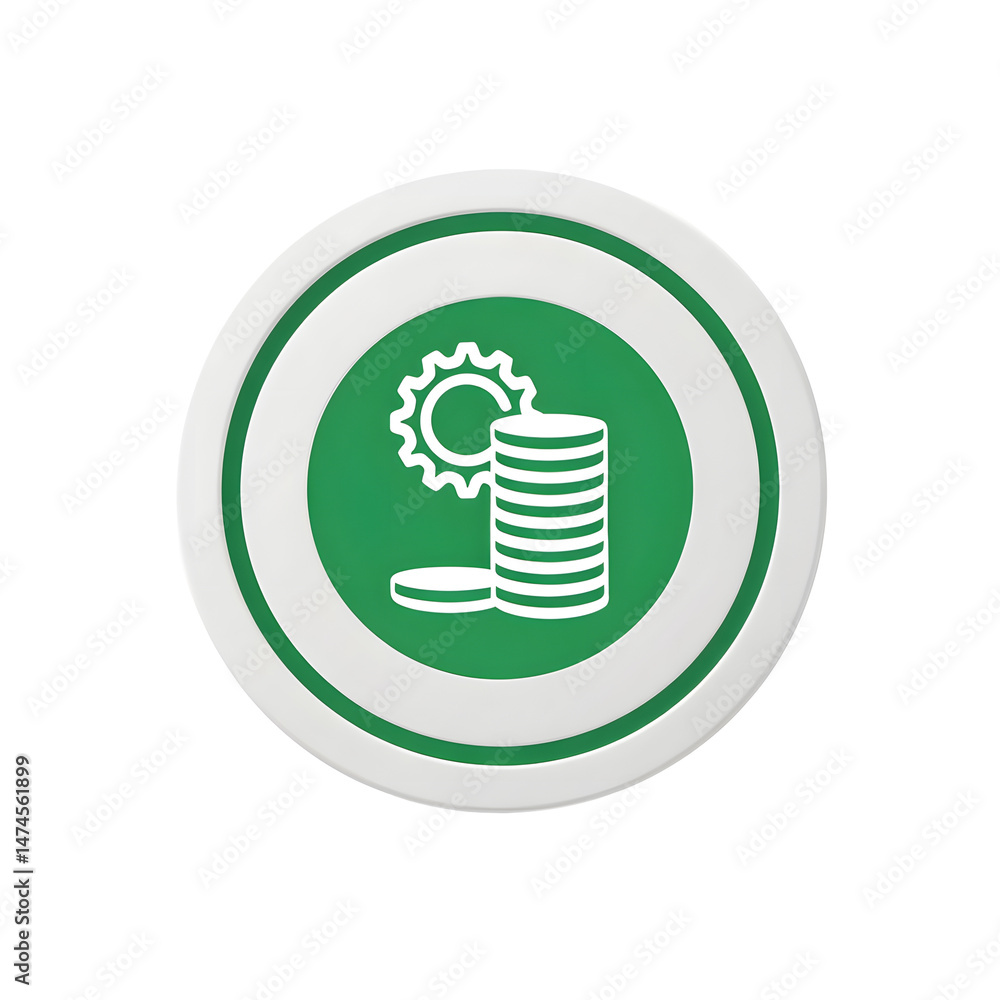 Aufkleber Minimalist green and white circular icon depicting a stack of coins and a gear representing the concept of financial control cost management and efficient business