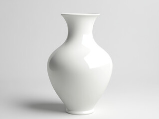 Simple white ceramic vase stands elegantly against a plain background in an indoor studio. Daytime artificial light enhances its minimalist design and clean lines.