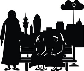 Silhouette of Muslim Family Sitting on a Bench in a City