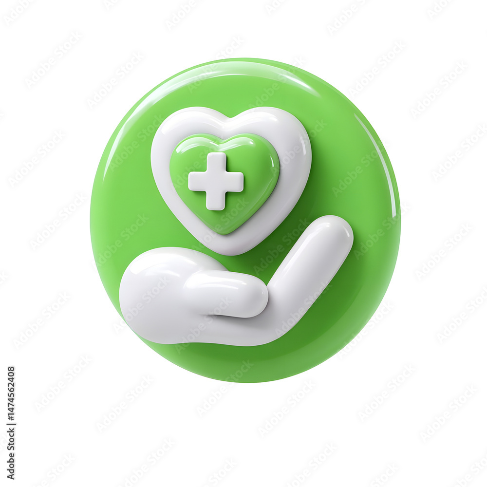 Poster a minimalist 3d digital of a hand holding a heart with a medical cross inside encased in a glowing g