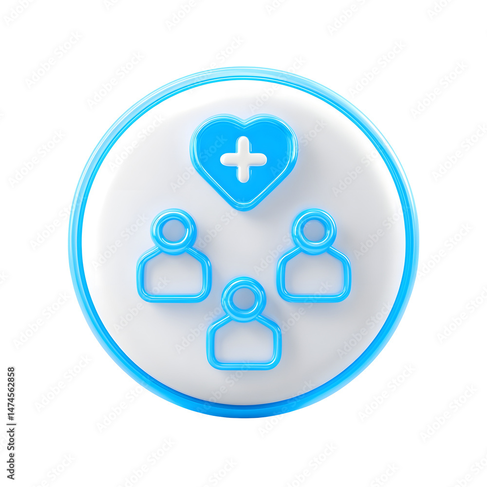 Poster a minimalist icon depicting a blue circular bubble with a plus heart symbol connected to three human