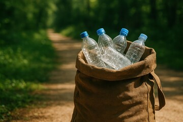 Volunteers are collecting plastic bottles in a forest path during plogging activity