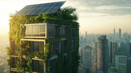 rendering of a building with a solar array on top of it, in an eco city
