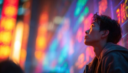 Obraz premium Man viewing electronic signage at night