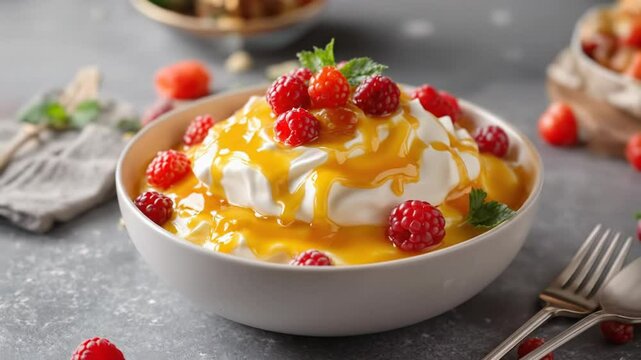 Delightful Norwegian cloudberry dessert topped with fresh berries and creamy sauce
