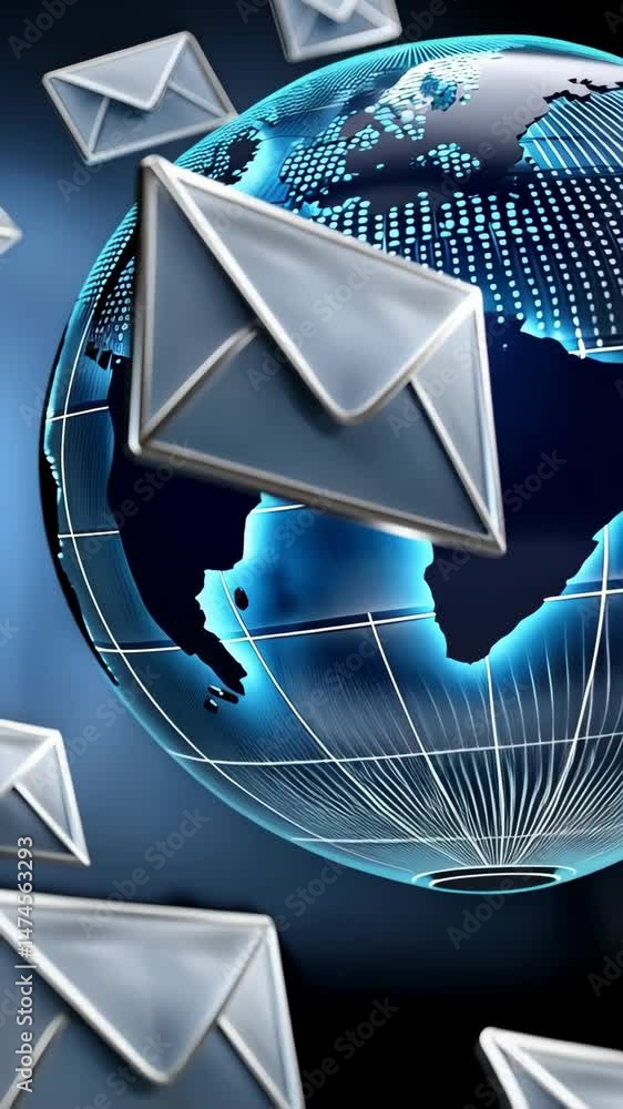 Poster envelopes orbiting a digital world globe symbolizing global email communication and international co