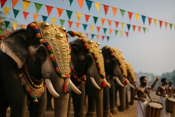 Decorated elephants standing in line during Dussehra celebrations in India
