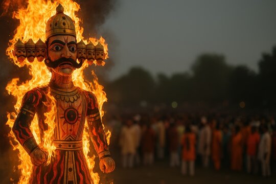 Large effigy of Ravana burning during Dussehra festival celebrations in India, symbolizing the victory of good over evil