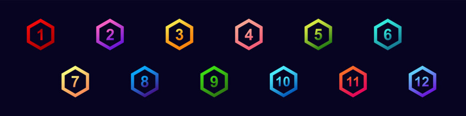 Bright, hexagon-shaped numbered bullet points for lists and step markers in presentations.