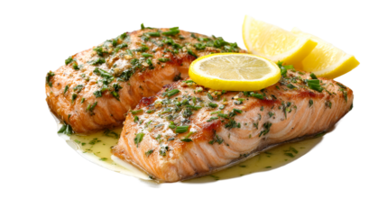 Grilled salmon with herbs and lemon slices on a white plate
