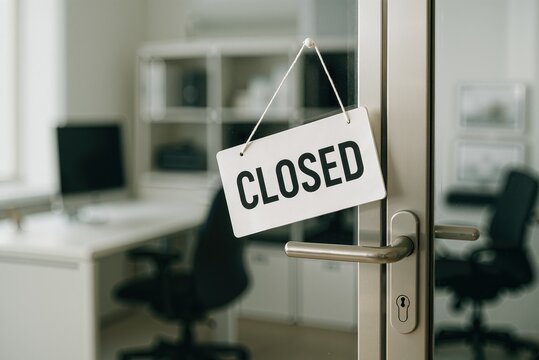 Closed sign hanging on a glass door of modern office, indicating business closure