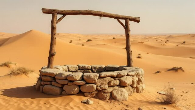 An ancient stone well rests alone in vast desert sands, surrounded by gentle dunes and sparse vegetation under bright sunlight