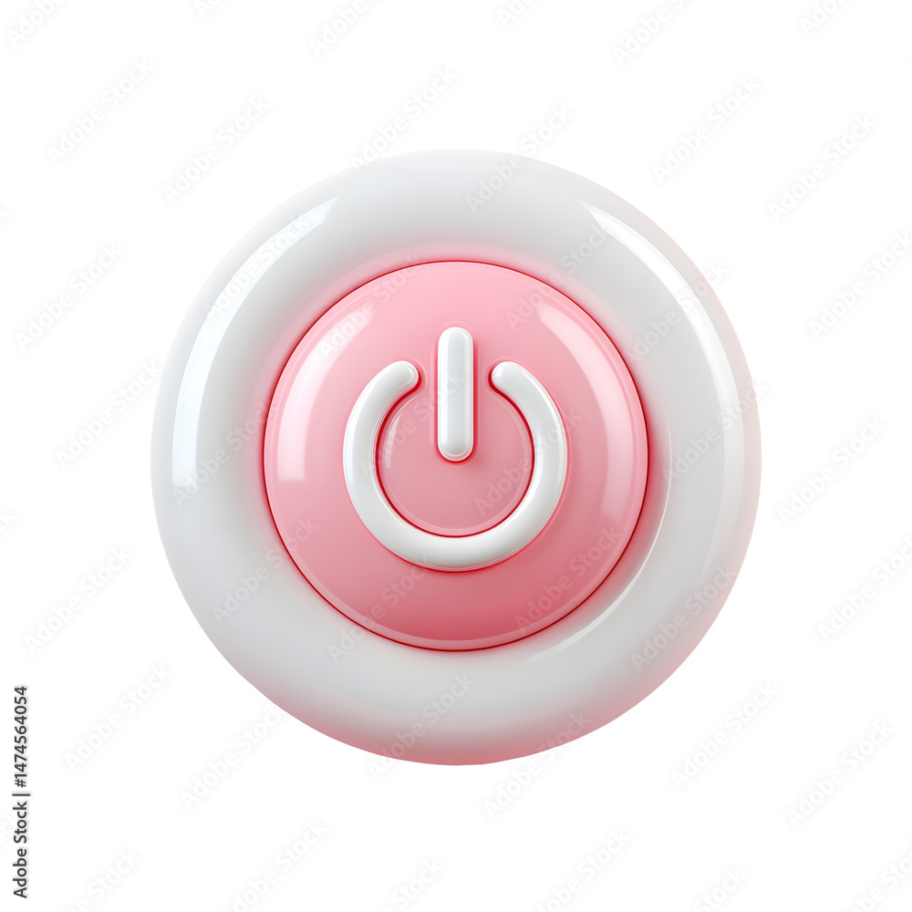 Poster Minimalist and sleek 3D power button icon in a glossy pastel pink circular bubble with a white glow against a plain background